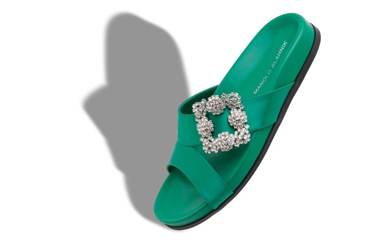 Chilanghi, Green Satin Jewel Buckle Flat Mules - CA$1,425.00