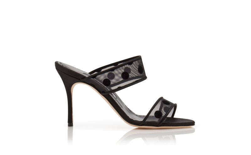 Side view of Designer Black Mesh Polka Dot Mules