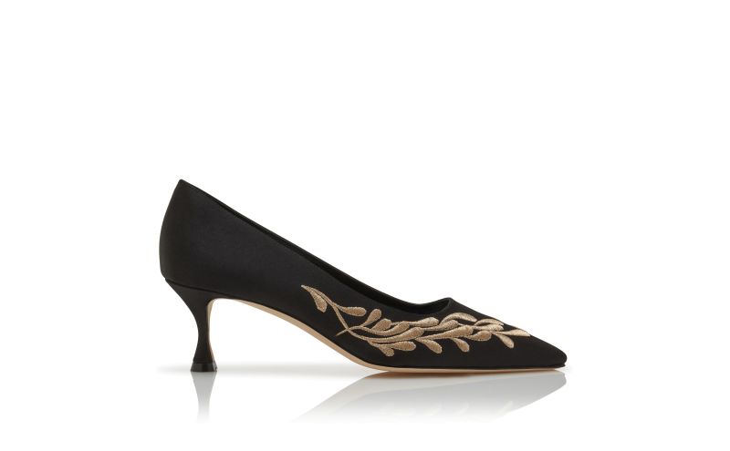 Side view of Feza, Black and Gold Satin Pumps - €1,075.00