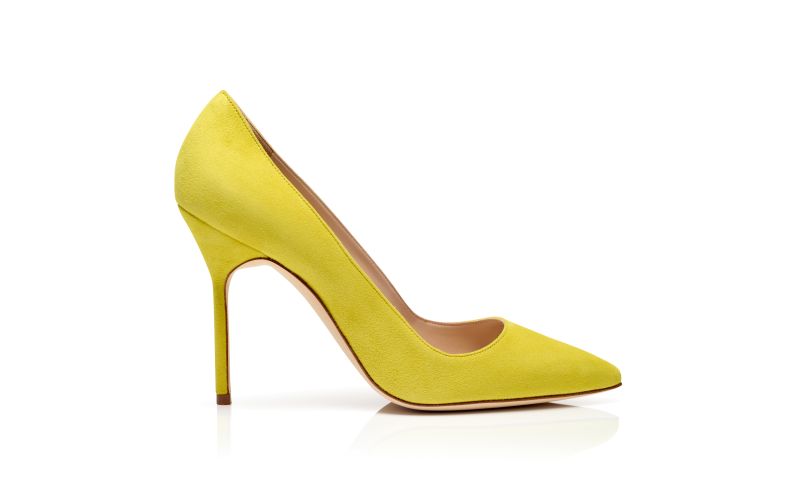 Side view of Bb, Yellow Suede Pointed Toe Pumps - US$865.00