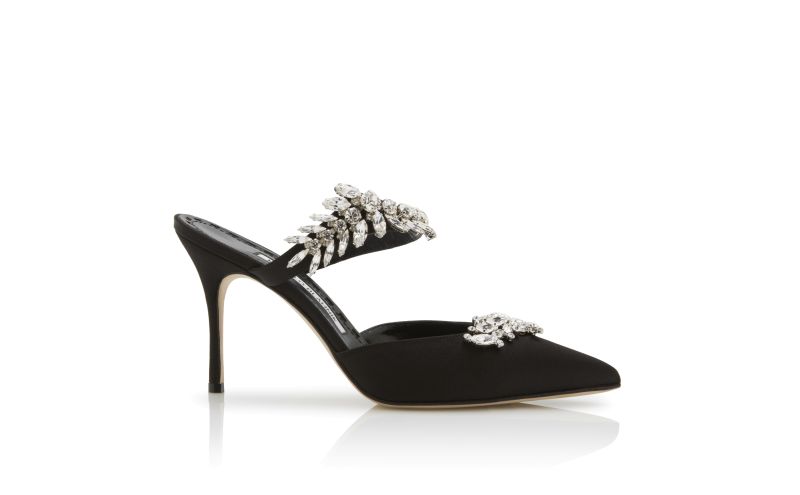 Side view of Lurum , Black Satin Crystal Embellished Mules - £1,075.00