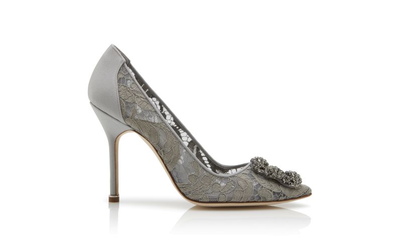 HANGISI LACE Grey Lace Jewel Buckle Pumps Manolo Blahnik