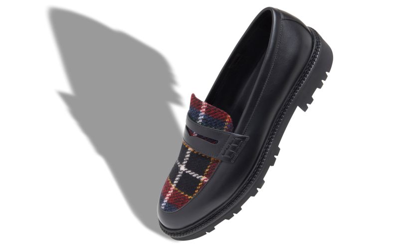Designer Dark Red Calf Leather and Tartan Loafers