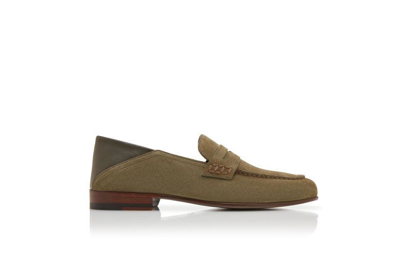Side view of Plymouth, Khaki Suede Penny Loafers - £725.00