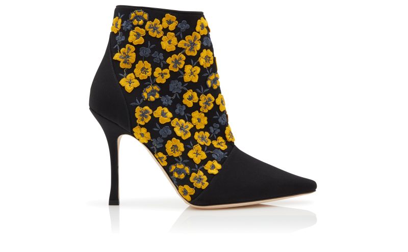 Side view of Botiye, Black and Yellow Silk Embroidered Ankle Boots - AU$1,528.00