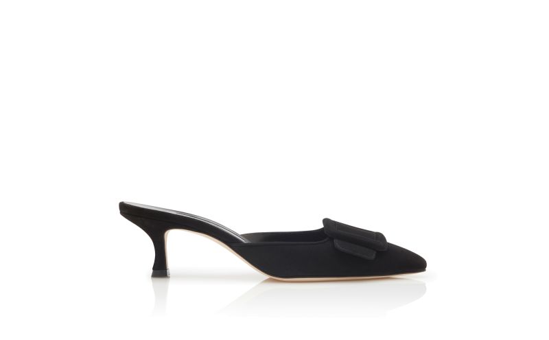 Side view of Maysale, Black Suede Kitten Heel Mules - US$795.00