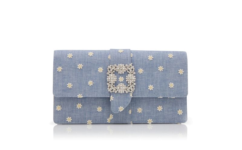 Side view of Capri, Blue and White Chambray Jewel Buckle Clutch - US$1,725.00