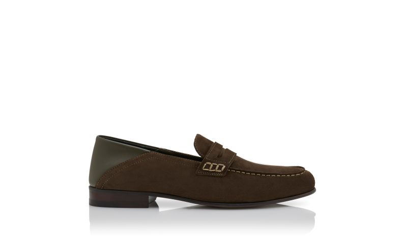 Side view of Plymouth, Dark Khaki Suede Penny Loafers - CA$1,165.00
