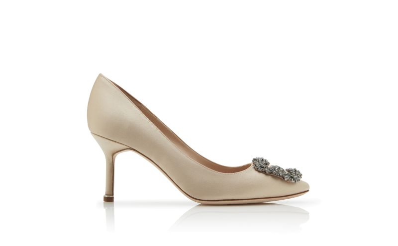 Side view of Hangisi 70, Champagne Satin Jewel Buckle Pumps - US$1,195.00