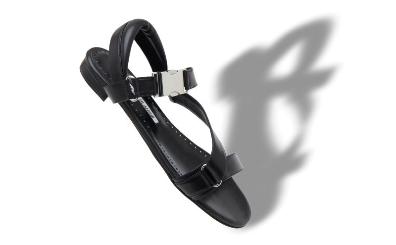 Puxanflat, Black Nappa Leather Buckle Detail Flat Sandals  - AU$1,615.00 