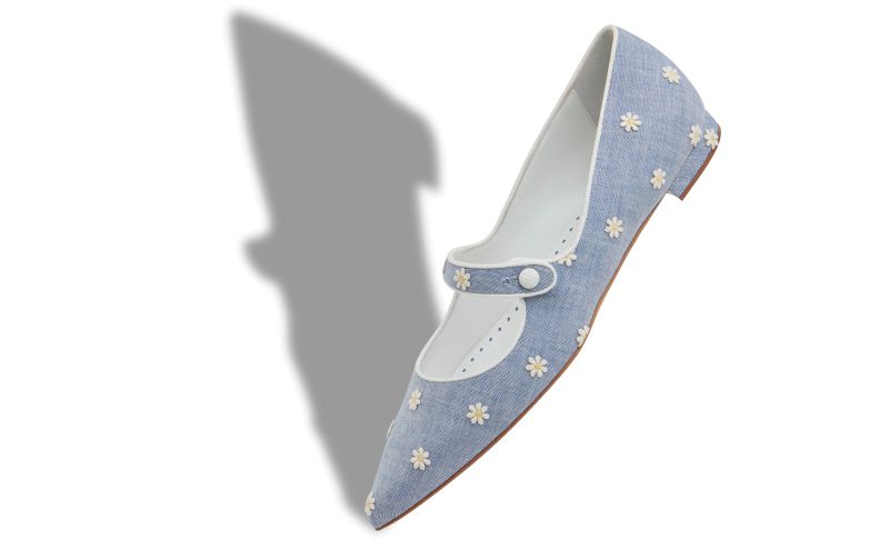 Campariflat, Blue and White Chambray Daisy Flat Pumps - £645.00