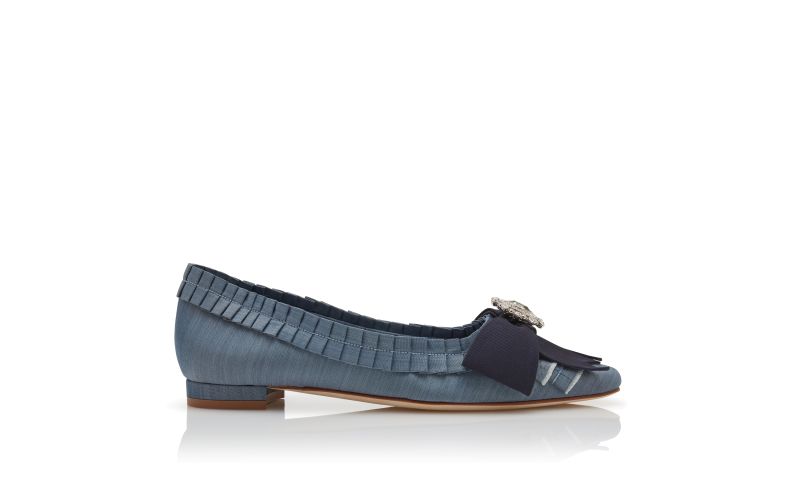 Side view of Fontettes, Blue Silk Bow Detail Flat Pumps - €1,295.00