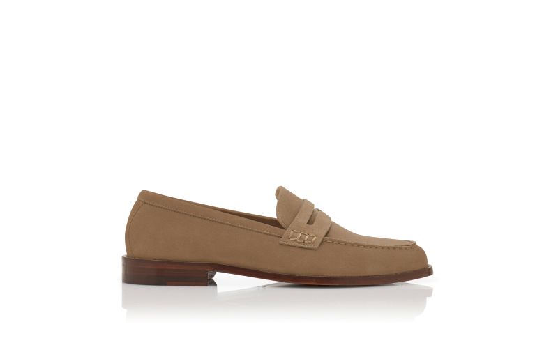 Side view of Designer Beige Suede Penny Loafers