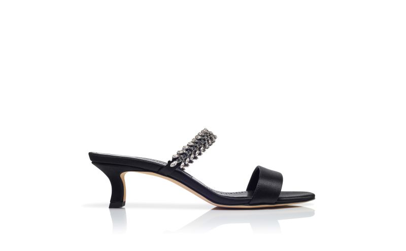 Side view of Kifasan, Black Satin Jewel Embellished Mules - US$1,315.00