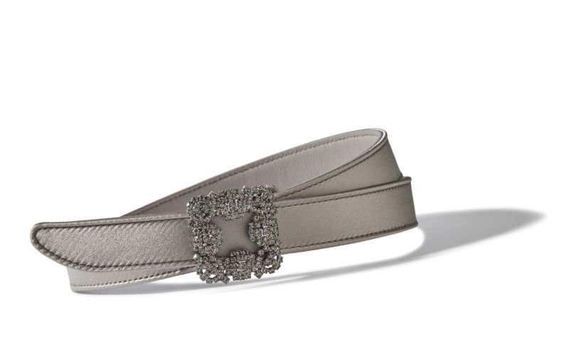 Designer Light Grey Satin Crystal Buckled Belt