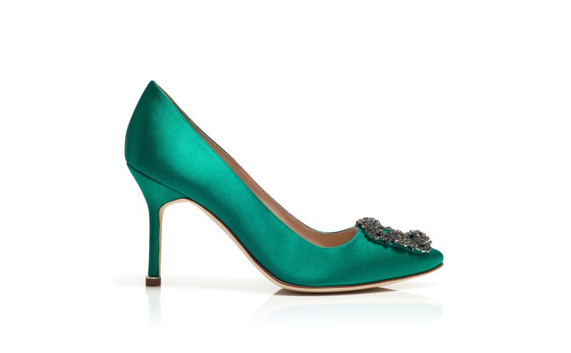 Side view of Hangisi 90, Green Satin Jewel Buckle Pumps - US$1,195.00