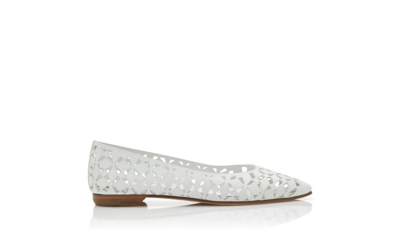 Side view of Designer White Calf Leather Cut Out Flat Pumps