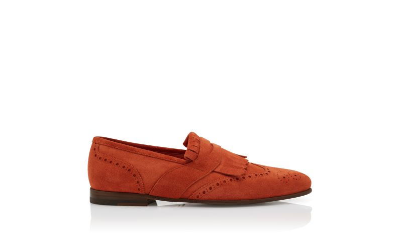 Side view of Designer Orange Suede Kiltie Loafers