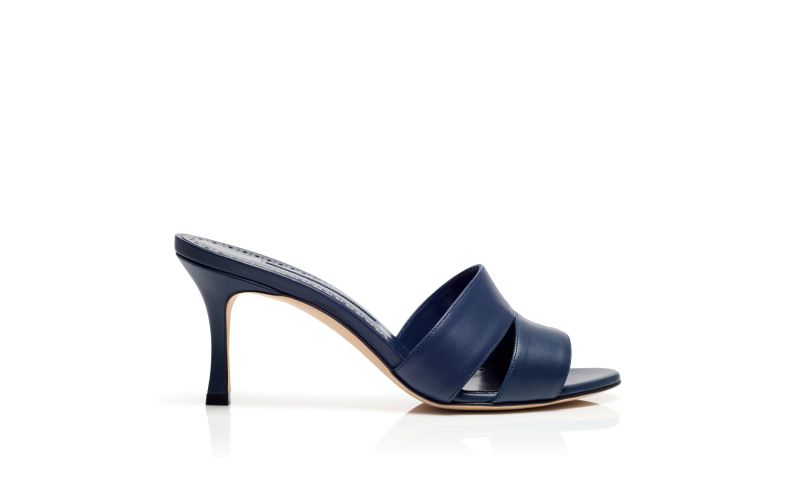 Side view of Designer Navy Blue Calf Leather Open Toe Mules