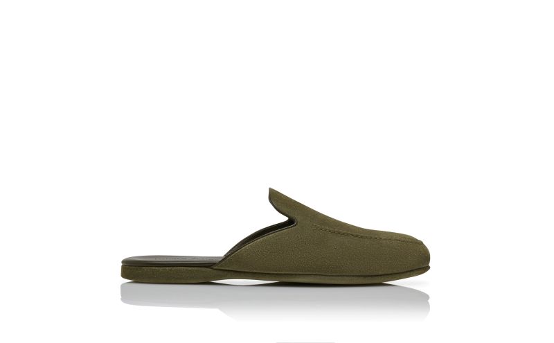 Side view of Designer Khaki Green Suede Slippers