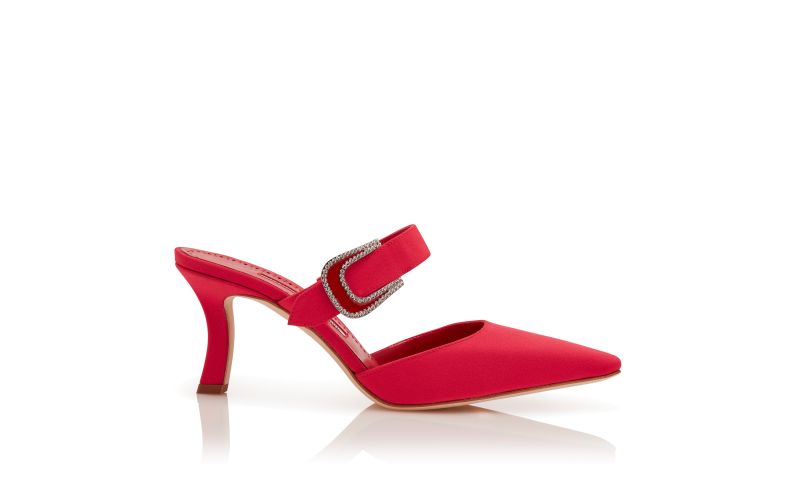 Side view of Jabita, Red Crepe De Chine Mules - €975.00