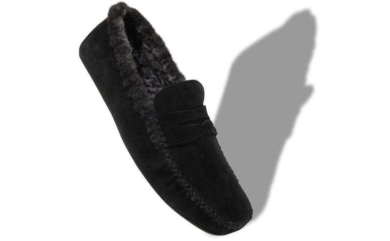 Designer Black Suede Shearling Lined Loafers