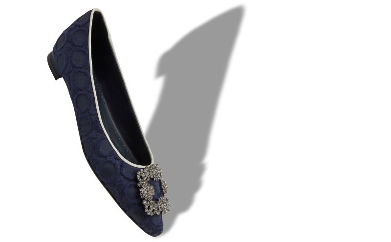 Hangisiflat, Navy Blue and White Silk Jewel Buckle Flat Pumps - US$1,250.00 