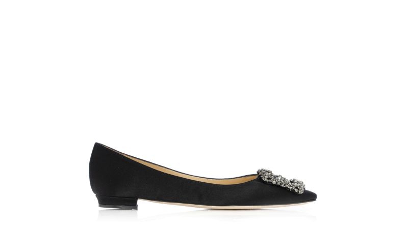 Side view of Hangisiflat, Black Satin Jewel Buckle Flat Pumps - US$1,095.00