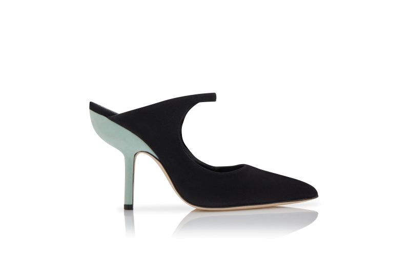 Side view of Mera, Black and Green Suede Pointed Toe Mules - US$495.00