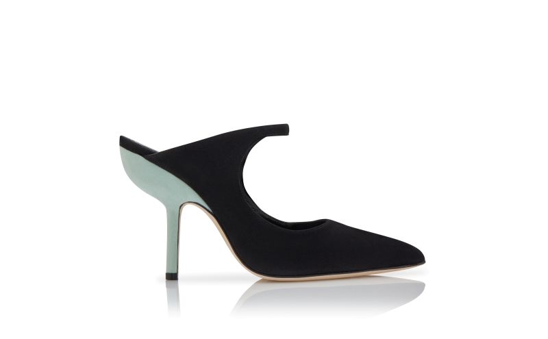 Side view of Mera, Black and Green Suede Pointed Toe Mules - AU$1,375.00