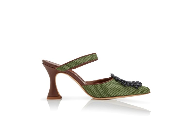 Side view of Atika, Green and Brown Raffia Pointed Toe Mules - AU$943.00