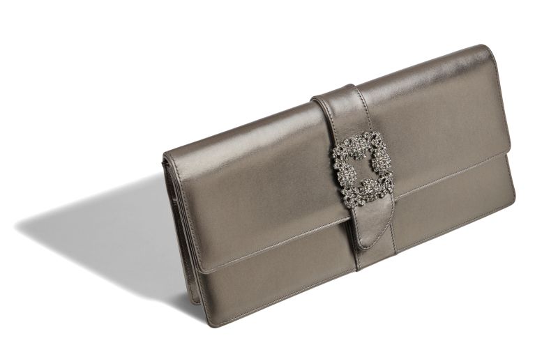 Designer Dark Grey Nappa Leather Jewel Buckle Clutch