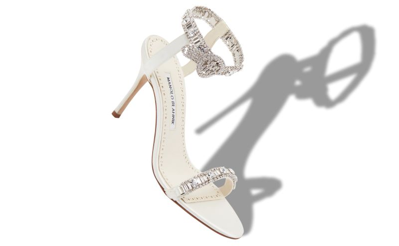 Asasan, Light Cream Satin Jewel Embellished Sandals - US$1,017.00 