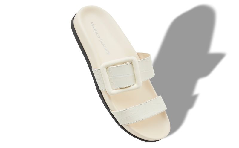 Mayfu, White Calf Leather Buckle Detail Flat Mules - US$507.00 