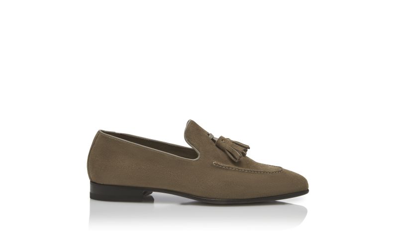 Side view of Chester, Khaki Suede Tassel Loafers - £725.00