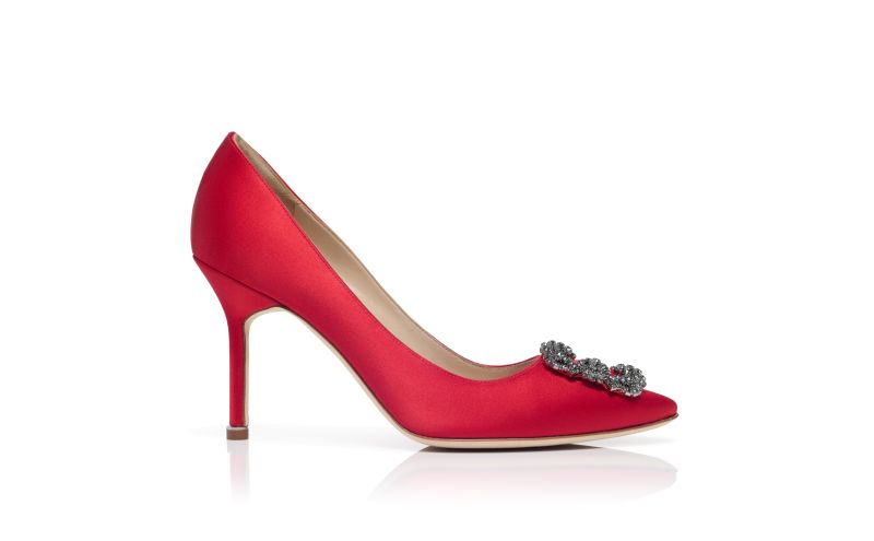 Side view of Hangisi 90, Red Satin Jewel Buckle Pumps - US$1,350.00