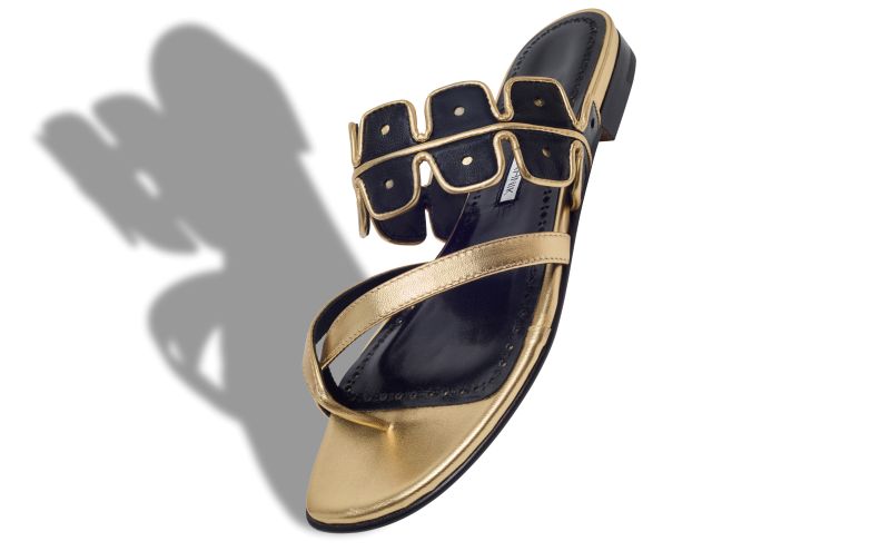Supana, Gold and Black Nappa Leather Flat Sandals - US$995.00