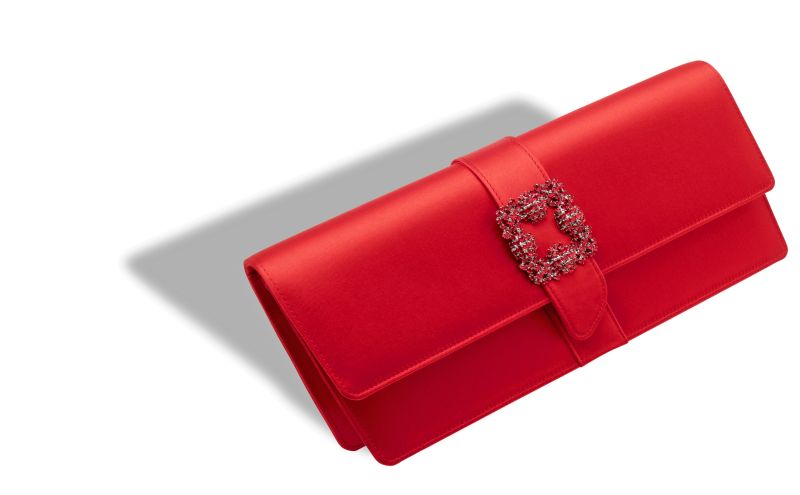 Designer Red Satin Jewel Buckle Clutch