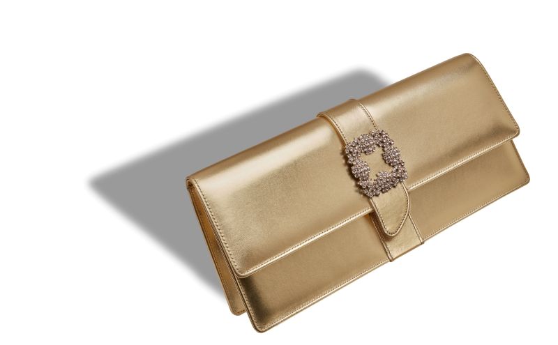 Designer Gold Nappa Leather Jewel Buckle Clutch