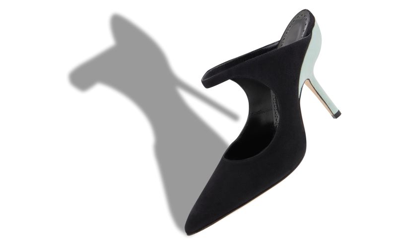 Mera, Black and Green Suede Pointed Toe Mules - US$495.00