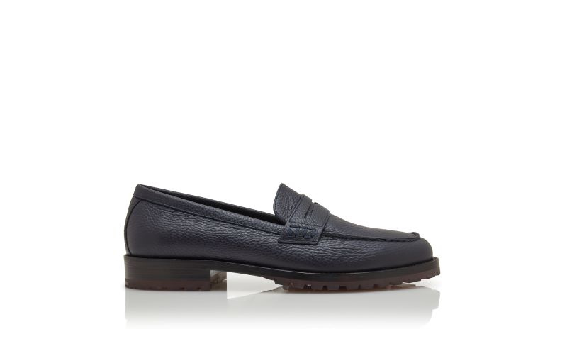 Side view of Randy, Navy Blue Calf Leather Penny Loafers - US$1,045.00