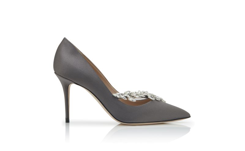 Side view of Nadira, Grey Satin Jewel Buckle Pumps  - US$1,145.00