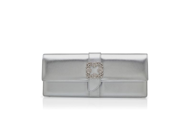 Side view of Designer Silver Nappa Leather Jewel Buckle Clutch