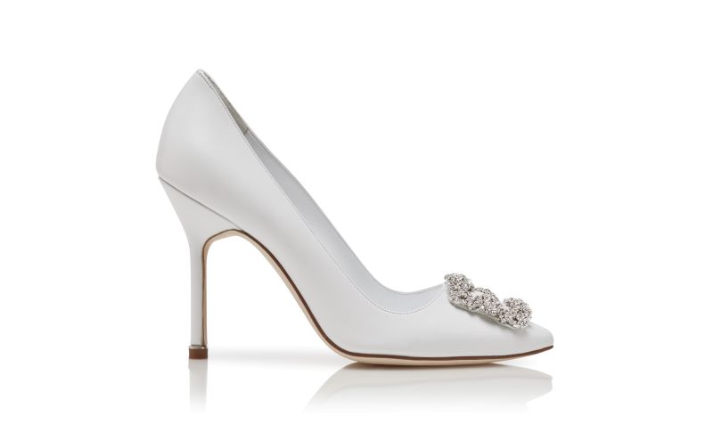 Side view of Hangisi, White Calf Leather Jewel Buckle Pumps - CA$1,615.00