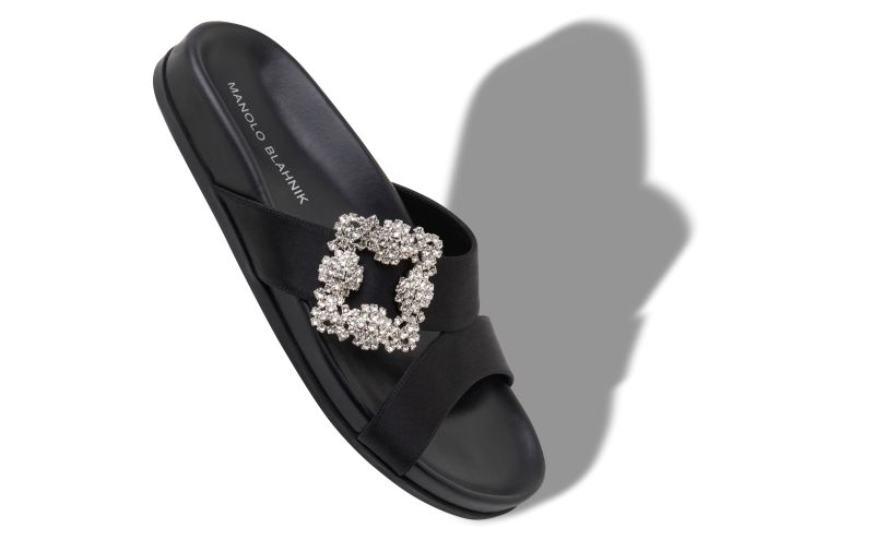 Chilanghi, Black Satin Jewel Buckle Flat Mules - US$1,095.00 