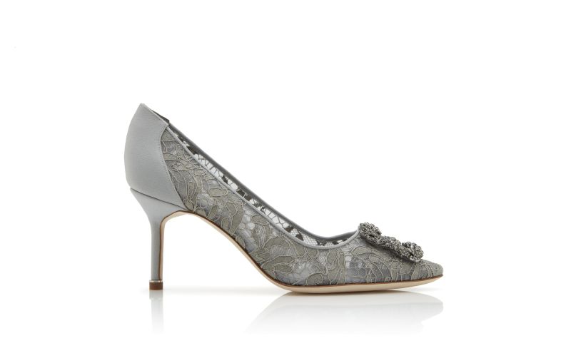 Side view of Hangisi lace 70, Grey Lace Jewel Buckled Pumps - £915.00