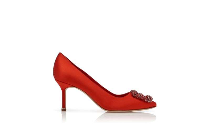 Side view of Hangisi red 70, Red Satin Jewel Buckle Pumps - US$1,225.00