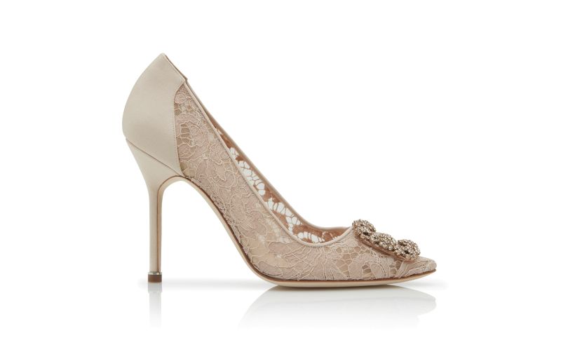 Side view of Hangisi lace, Pink Champagne Lace Jewel Buckle Pumps - US$1,275.00