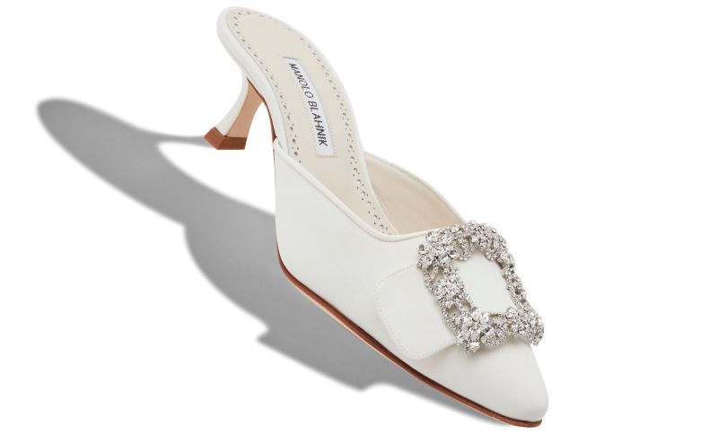 Maysale jewel, White Satin Crystal Buckle Mules - US$1,145.00