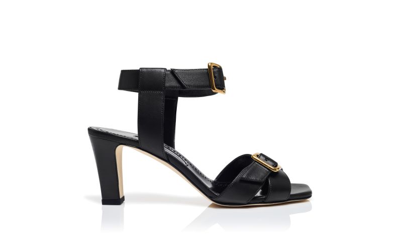 Side view of Shbealo, Black Nappa Leather Ankle Strap Sandals - US$615.00